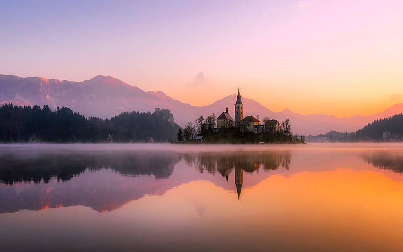 Bled, morning, sunrise, fog, Bled Lake, church on the island, landmark, Slovenia, HD wallpaper