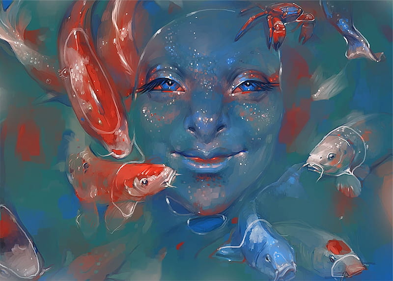Mermaid, face, siren, blue, view from the top, art, red, fish, gala berezhnaya, luminos, vara, fantasy, summer, HD wallpaper