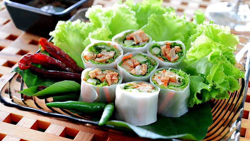 Shrimp Rolls dish, delicious, food, fish, vegetables, HD wallpaper