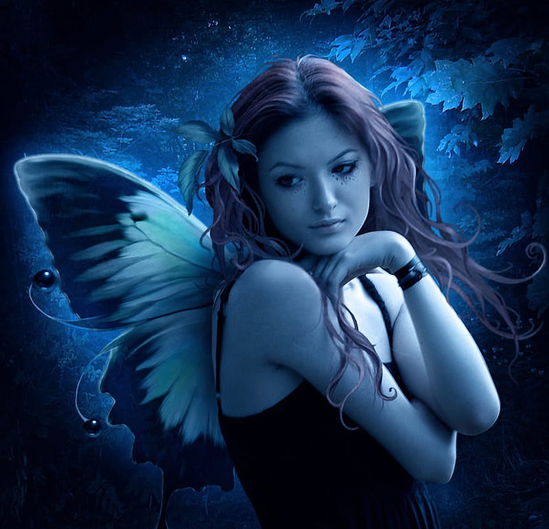 Blue Fairy, mystical, female, butterfly wings, leaves, fantasy, girl, gothic, dark, blue, HD wallpaper