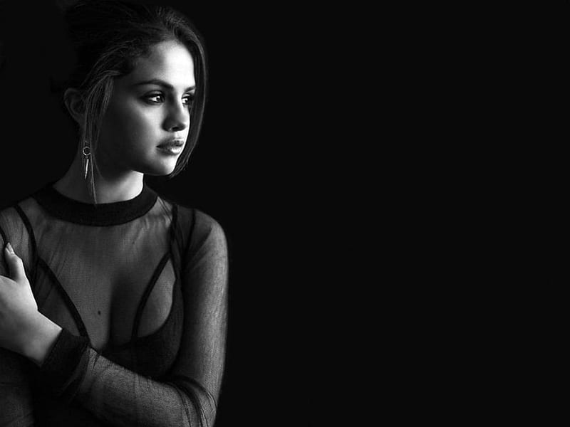 Selena Gomez, model, black white, bonito, singer, actress, Gomez, sheer, Selena, 2015, HD wallpaper