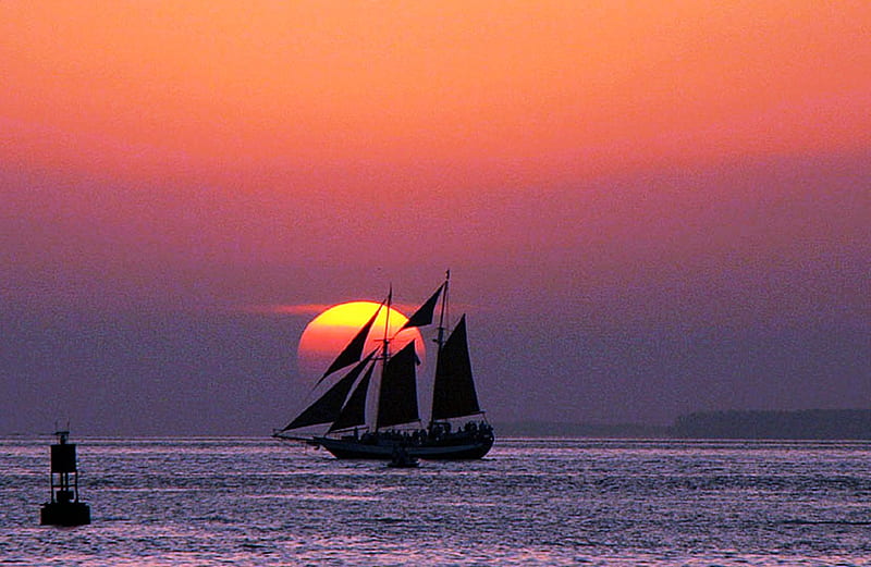 Sailboat Silhouette, sun, water, buoy, ocean, bonito, sunset, sailboat, HD wallpaper