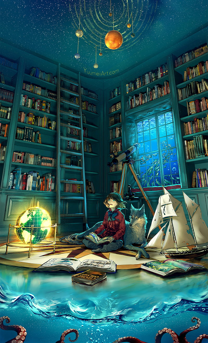 Dreamworld, anime, books, cosmos, dream, girl, room, stars, water, wolf, HD phone wallpaper