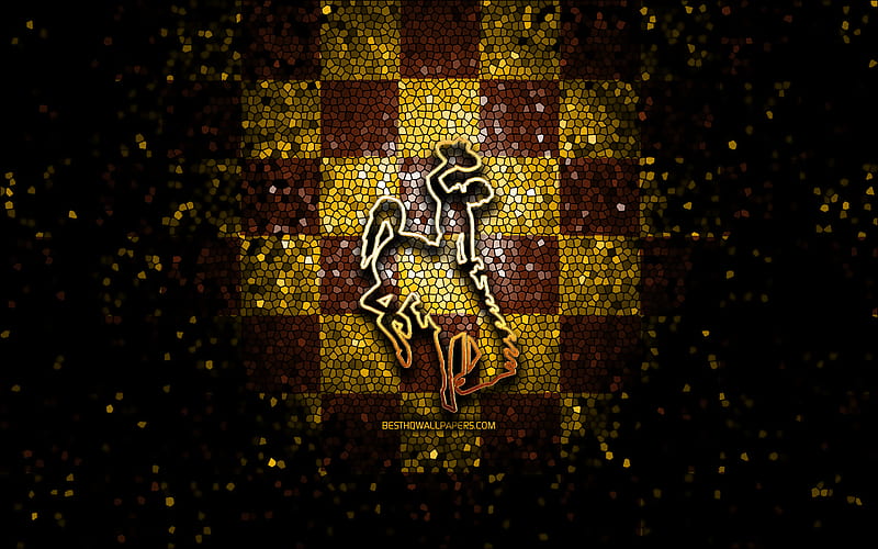 Wyoming Cowboys, glitter logo, NCAA, brown yellow checkered background, USA, american football team, Wyoming Cowboys logo, mosaic art, american football, America, HD wallpaper