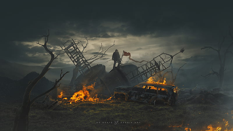 post-apocalyptic, destruction, lonely man, burning, darkness, Sci-fi, HD wallpaper