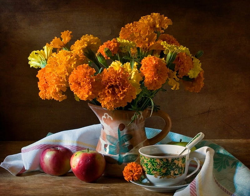 Marigold - Still life, fall, red, bature, autumn, orange, yellow, vase, tea, floral, still life, fruit, graphy, flowers, marigold, apples, abstract, cup, vitamins, natural, HD wallpaper