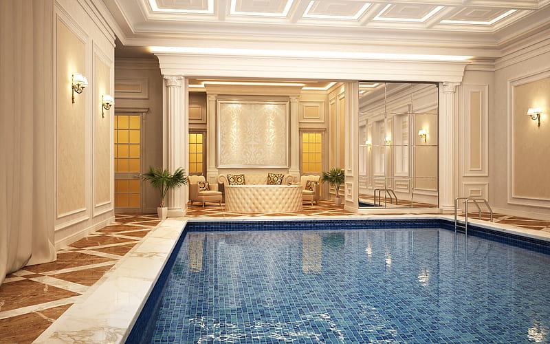luxurious interior with pool, classic style, modern interior design, pool in the house, pool project, HD wallpaper