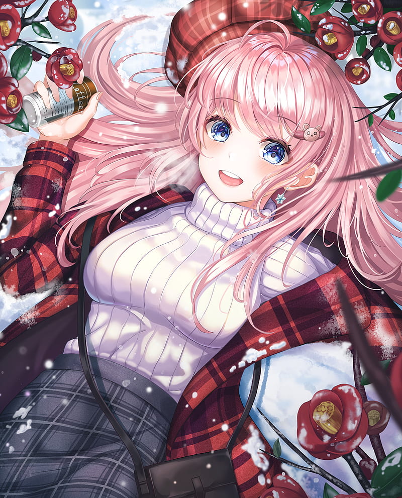 anime girl, pink hair, sweater, smiling, blue eyes, lying down, Anime, HD phone wallpaper