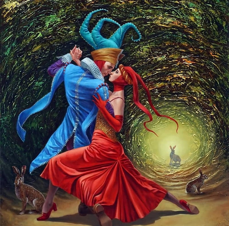 Rabbit Hole Dance, couple, red, art, rabbit, tango, hole, man, fantasy, girl, painting, dance, bunny, michael cheval, blue, HD wallpaper