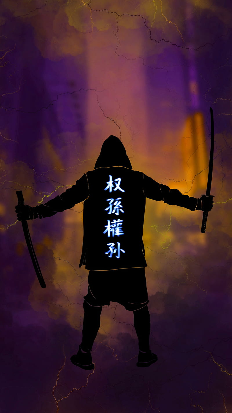 samurai v 2 abstract, back, black, dark, face, figure, guy, japan, lightning, man, mask, orange, pattern, purple, silhouette, sword, texture, HD phone wallpaper