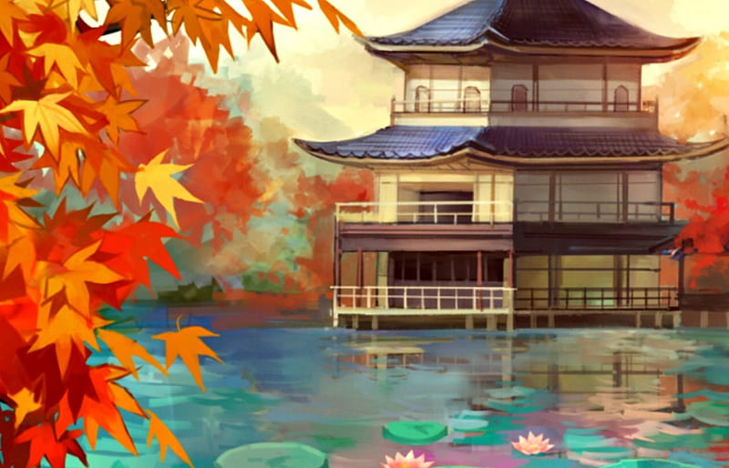Autumn, art, orange, manga, lake, leaves, water, anime, flower, asian, chinese, pink, blue, HD wallpaper