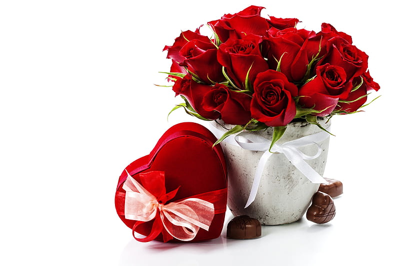 Happy Valentine's Day!, red, rose, chocolate, bow, card, bouquet, heart, flower, white, HD wallpaper