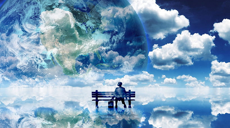 Dream land, world, man, sky, clouds, fantasy, water, land, reflection, dream, HD wallpaper