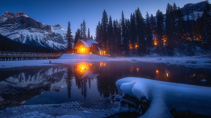A House with a Burning Light, house, snow, mountains, nature, trees, winter, lights, HD wallpaper
