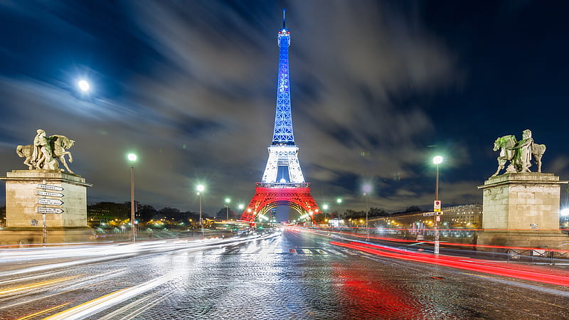 Blue White And Red Lighting Paris Eiffel Tower With Shallow Background Travel, HD wallpaper
