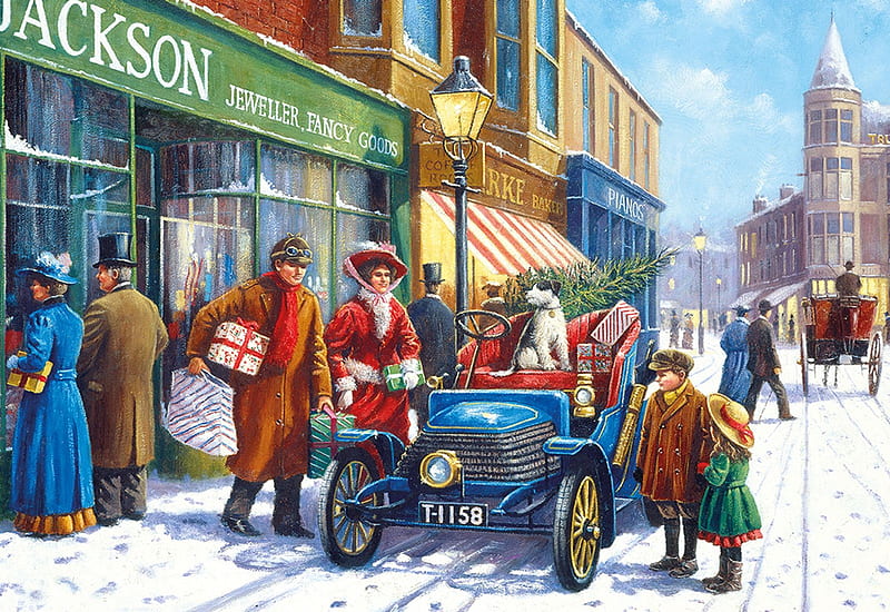 Family Christmas Shop, artwork, winter, painting, town, snow, car, people, HD wallpaper