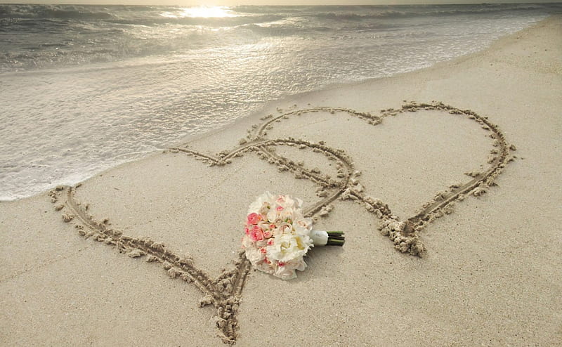 rose, ocean, bonito, roses, corazones, sea, beach, graphy, sand, bouquet, love, heart, flower, HD wallpaper