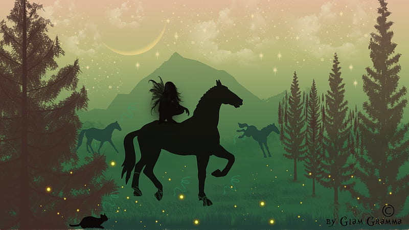 Fairy of the Night, background fire fly, horse, fairy, meadow, HD wallpaper