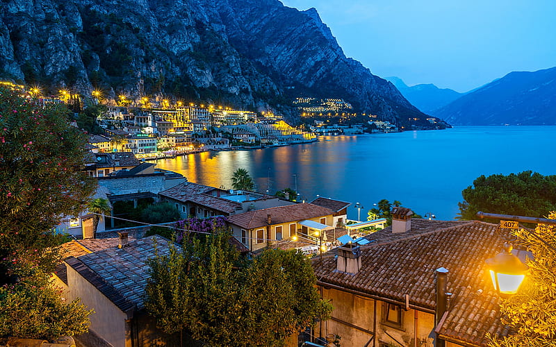 Limone sul Garda, evening, sunset, cityscape, Lake Garda, mountain landscape, Lombardy, Italy, HD wallpaper