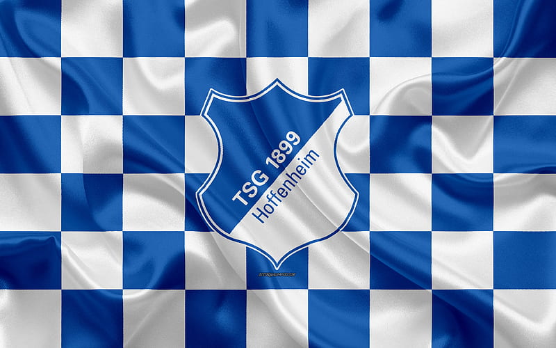 TSG 1899 Hoffenheim logo, creative art, blue white checkered flag, German football club, Bundesliga, emblem, silk texture, Hoffenheim, Germany, football, Hoffenheim FC, HD wallpaper