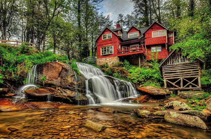 Mill Shoal Falls, house, waterfall, USA, beautiful, forest, stones, countryside, mill, national park, trees, HD wallpaper