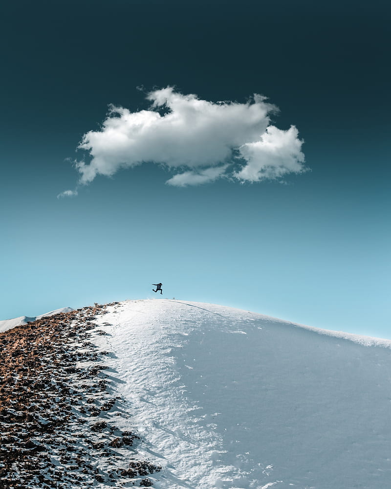 man, jump, hill, snow, sky, HD phone wallpaper