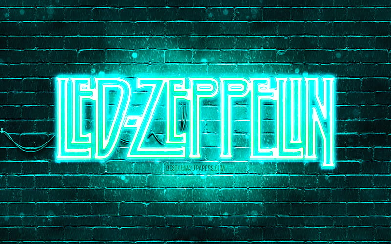 Led Zeppelin turquoise logo turquoise brickwall, british rock band, Led Zeppelin logo, music stars, Led Zeppelin neon logo, Led Zeppelin, HD wallpaper