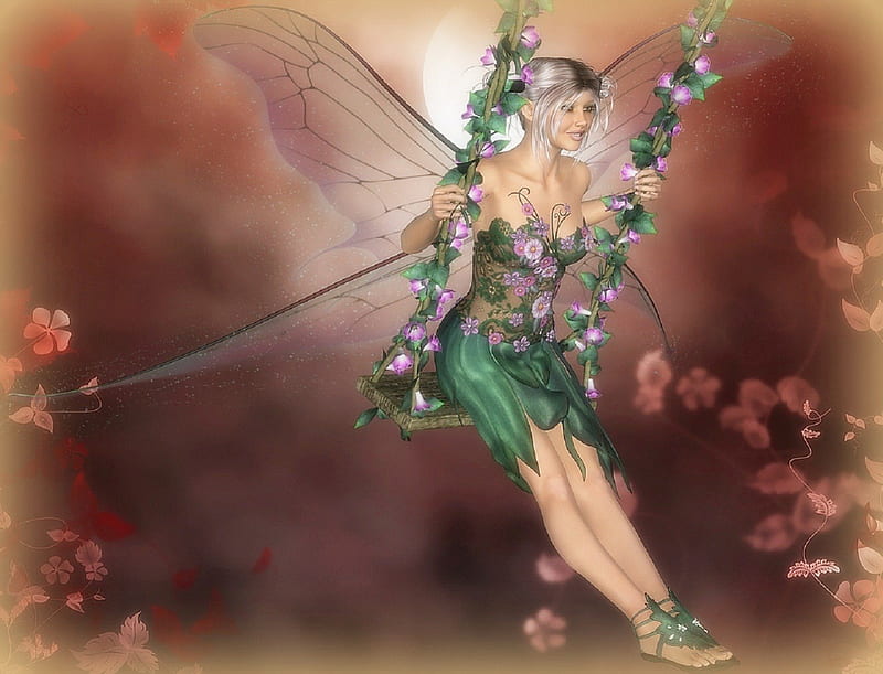 Happy Swing Fairy, pretty, colorful, attractions in dreams, magic, most ed, digital art, fairies, flowers, female, wings, colors, love four seasons, creative pre-made, abstract, happy, plants, characters, weird things people wear, 3D art, HD wallpaper
