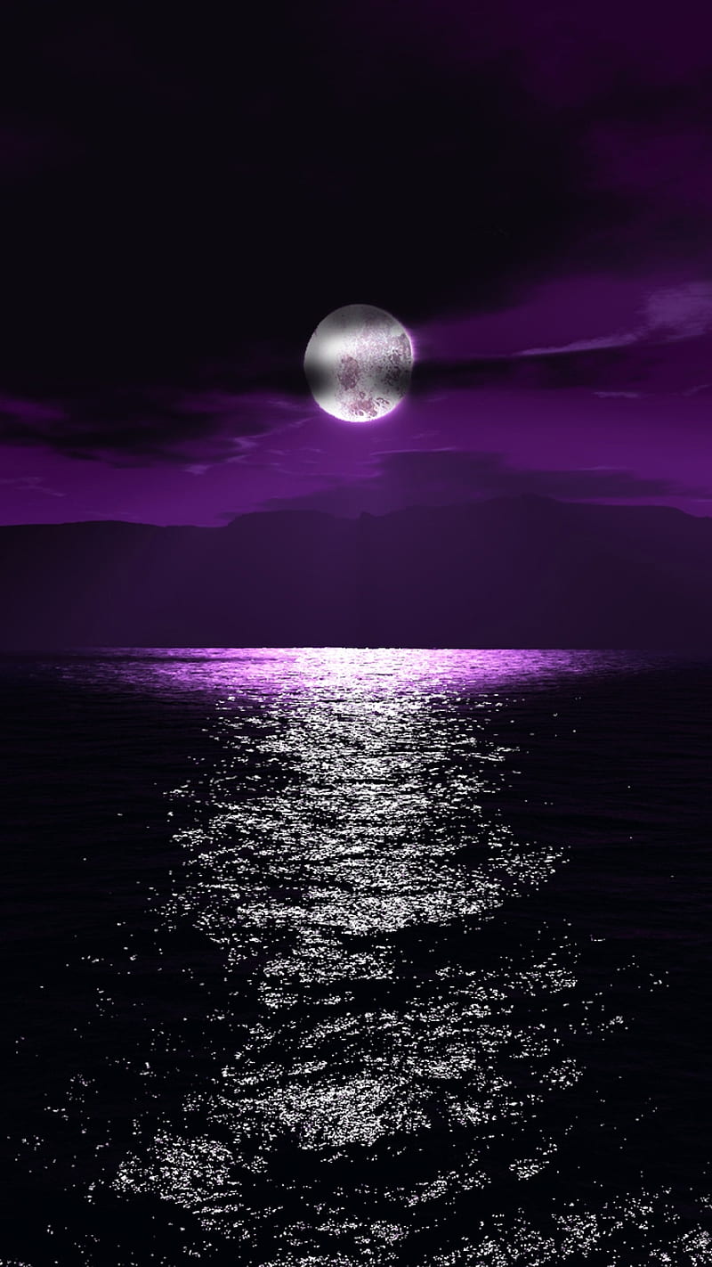 moon purple, night, ocean, sea, sky, water, HD phone wallpaper