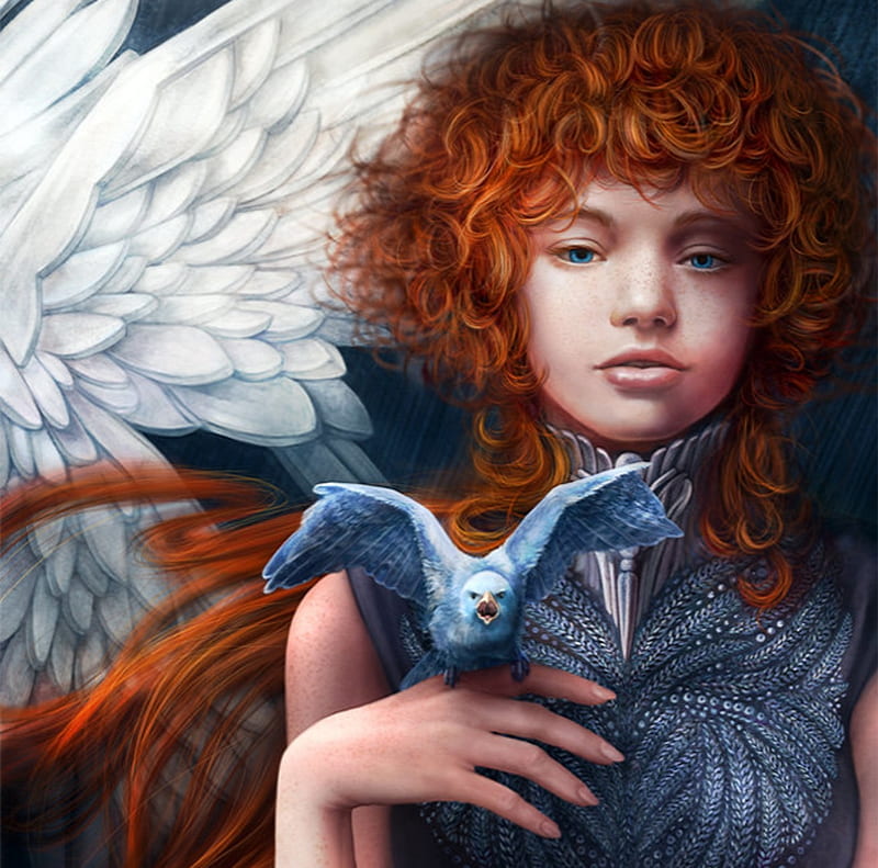 Angry bird, luminos, redhead, feather, not important, wing, art, fantasy, hand, white, blue, HD wallpaper