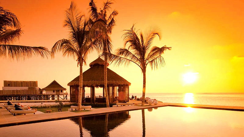 Maldives Sunset, sunlounger, isle, sun, sunset, sea, beach, maldives, tropic, SkyPhoenixX1, sunrise, huts, vacation, holiday, ocean, swimming pool, trees, pool, palms, water, paradise, summer, sunshine, island, tropical, HD wallpaper