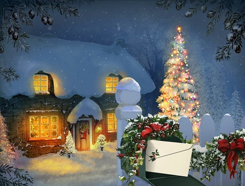 MERRY CHRISTMAS FOR ALL, colorful, cottage, bonito, magic, door, lights, all, splendor, color, fields, season, mailbox, night, letter, lovely, christmas, december, winter, tree, merry christmas, snow, peaceful, nature, HD wallpaper