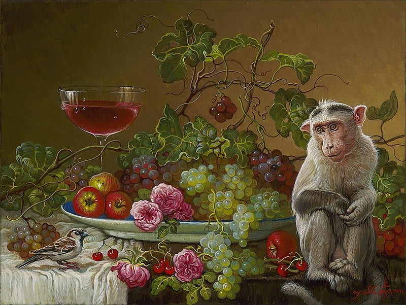 Pensive, luminso, maimuta, art, wine, glass, monkey, grapes, fruit, yana movchan, painting, flower, pink, HD wallpaper