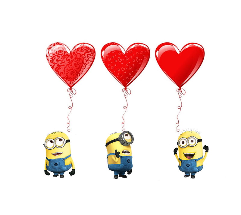 love heart minions, balloons, cute, corazones, red, sweet, valentines, HD wallpaper