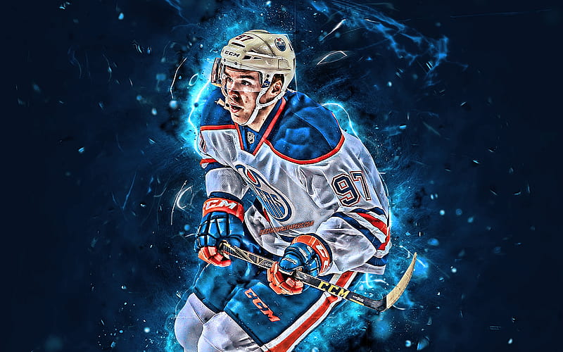 Connor McDavid, white uniform, Edmonton Oilers, NHL, hockey players, hockey stars, McDavid, hockey, neon lights, mcdavid97, HD wallpaper
