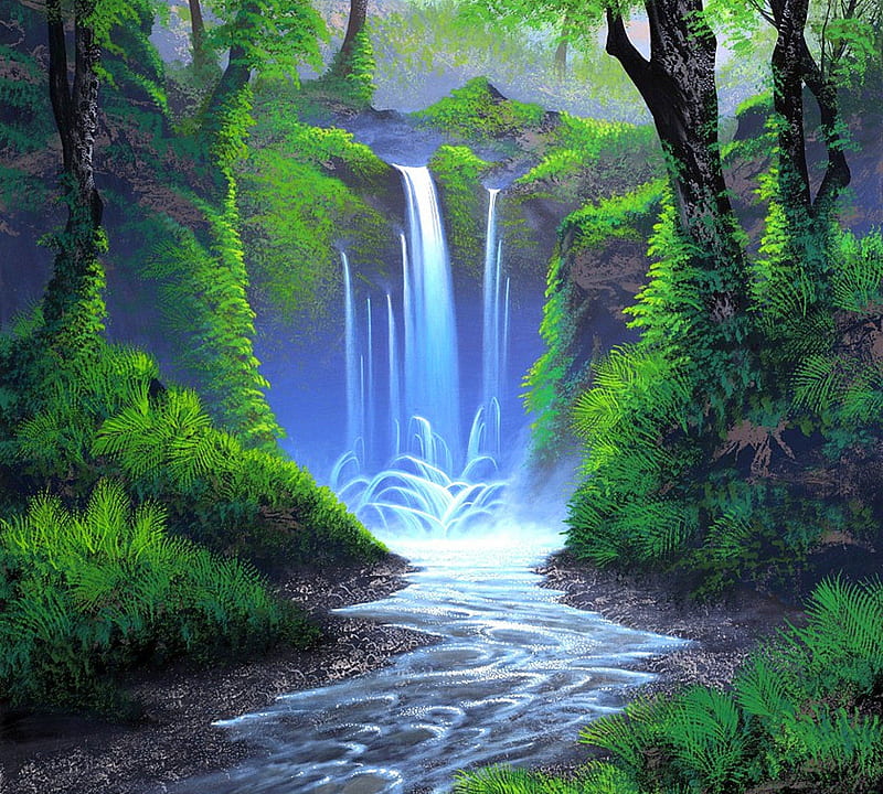 ✫Whisper of the Forest & Waterfall✫, rocks, stunning, splendid, grass, attractions in dreams, bonito, paintings, waterscapes, landscapes, bright, waterfall, forests, scenery, drawings, happiness, colors, love four seasons, places, creative pre-made, trees, cool, plants, peaceful, nature, relaxing, HD wallpaper