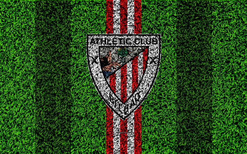 Athletic Bilbao logo, football lawn, Spanish football club, red white lines, grass texture, emblem, La Liga, Bilbao, Spain, football, HD wallpaper