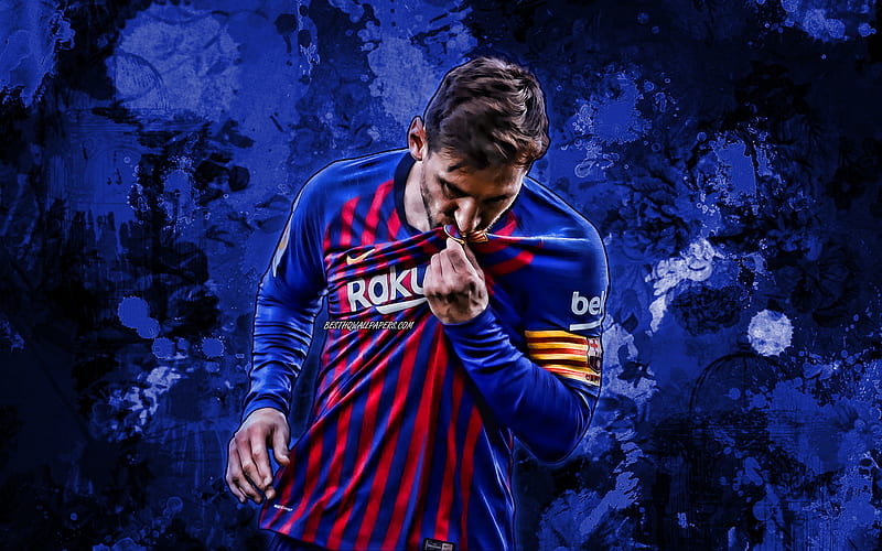 Lionel Messi, FC Barcelona, blue paint splashes, goal, argentinian footballers, grunge art, La Liga, Spain, Lionel Andres Messi, close-up, soccer, football, Barca, Leo Messi, HD wallpaper