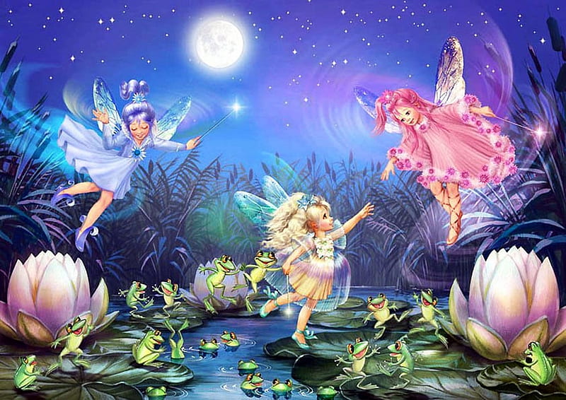 Dancing with Frogs, pond, moon, lotus, painting, fairies, artwork, night, HD wallpaper