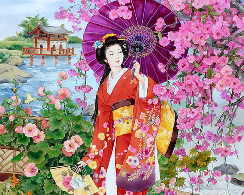 Teien, umbrella, attractions in dreams, bonito, woman, geisha, cherry blossoms, graphy, japan, flowers, lovely, japanese, colors, love four seasons, spring, kimono, asian, weird things people wear, garden, fan, lady, HD wallpaper