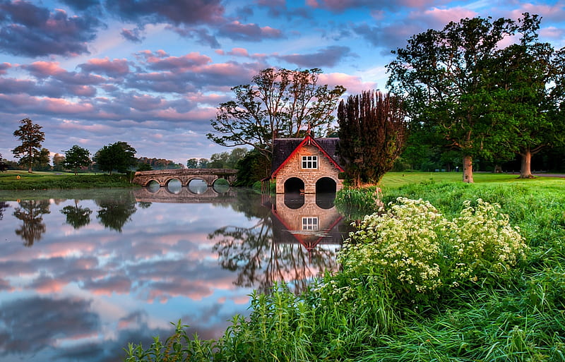 Boathouse, bridge, grass, Ireland, Kildavin, flowers, trees, lake, HD wallpaper