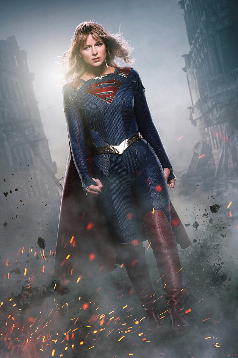 Melissa Benoist, Supergirl, DC Comics, walking, actress, blonde, standing, blue eyes, street, knee-high boots, cape, portrait display, HD phone wallpaper