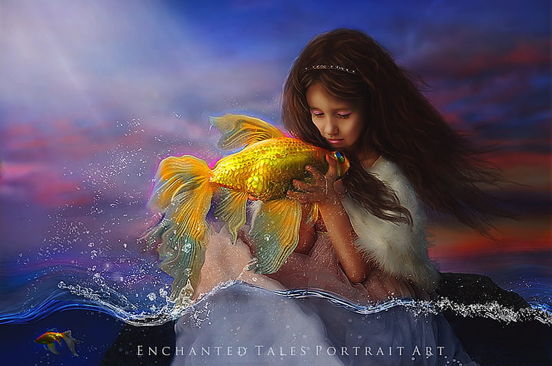 Catch and release, vara, water, golden fish, jeni sue, girl, luminos, summer, mermaid, fantasy, HD wallpaper