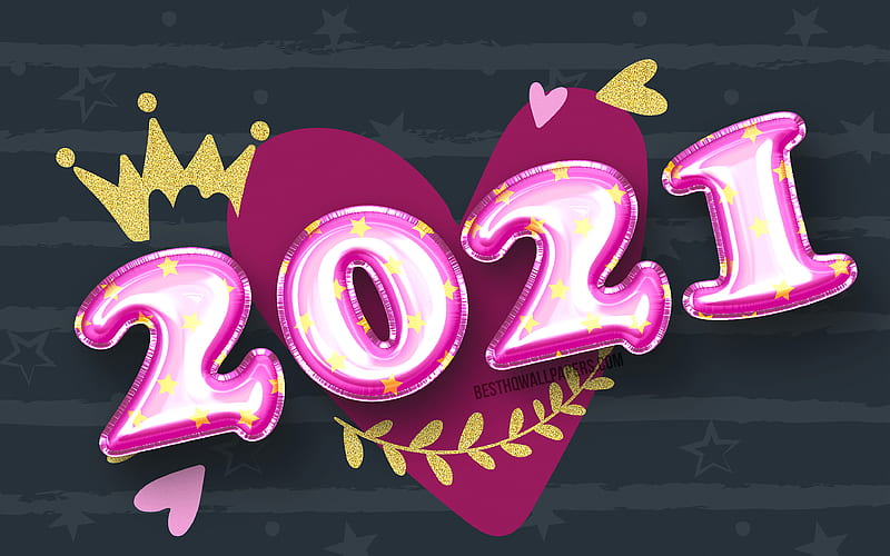 Happy New Year 2021, purple balloons digits, 2021 concepts, 2021 year digits, 2021 new year, 2021 on gray background, 2021 with heart, HD wallpaper