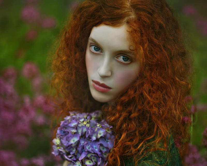 Beauty Hydrangea Model Redhead Woman Tale Girl Purple Flower Agnieszka Lorek Hd 