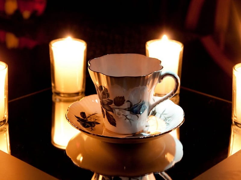 Cup of Warmth, tea cup, still life, refection, mirror, candles, HD wallpaper
