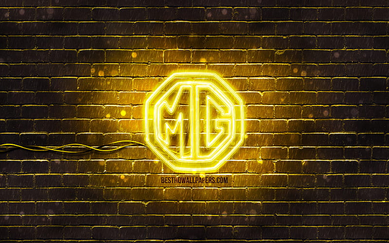 MG yellow logo yellow brickwall, MG logo, cars brands, MG neon logo, MG, HD wallpaper