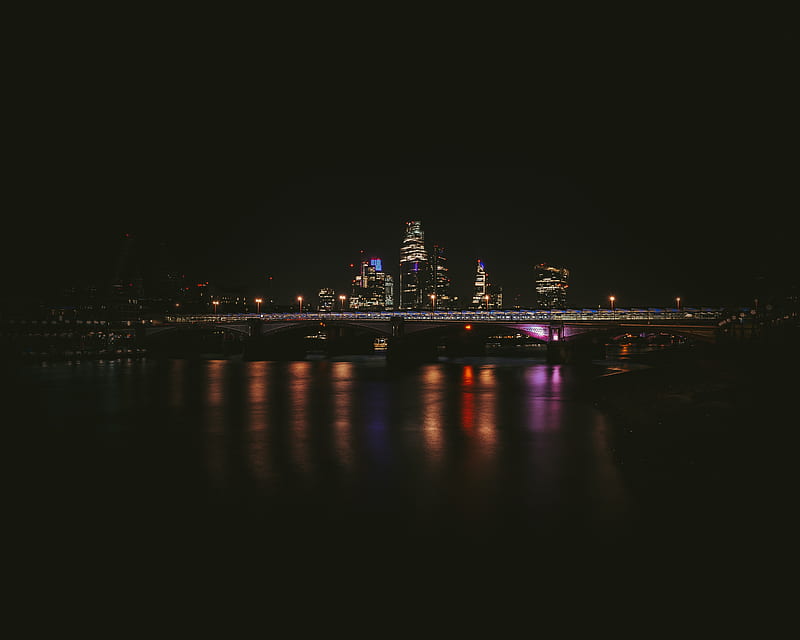 night city, buildings, bridge, dark, water, reflection, HD wallpaper
