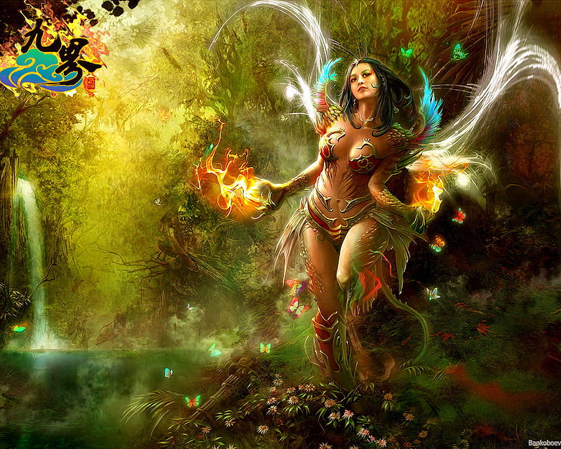 Fantasy Wonderland, witch, original, rose, cg, magic, fantasy, flame, butterfly, color, waterfall, hot, flowers, fantasy lady, female, wonderland, sexy, armor, fire, 3d, cool, HD wallpaper