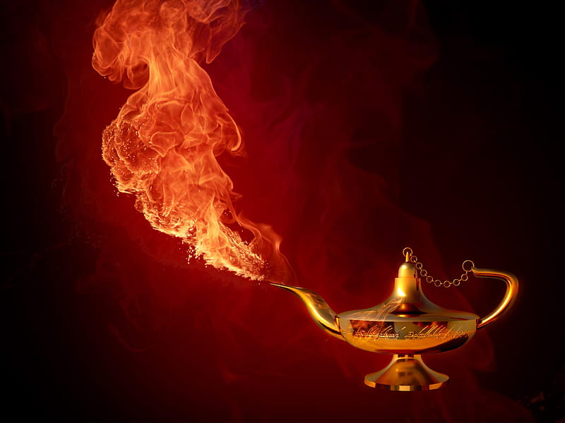 fire genie, fire, lamp, golden, black, genie, HD wallpaper